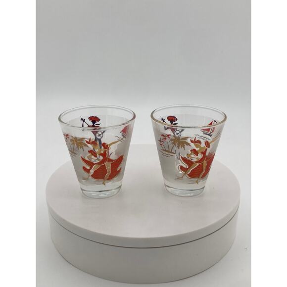 Vintage Hawaiian Hula Girl & Musician Shot Glasses Set – Red & Gold Tiki Barware - Picture 1 of 4